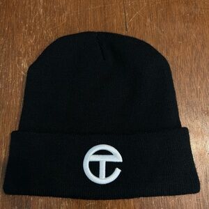 Telfar Black Knit Hat with White Logo